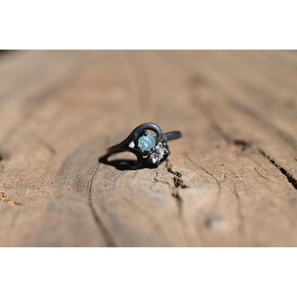 Apatite and Lake County diamond ring size 7 sterling silver